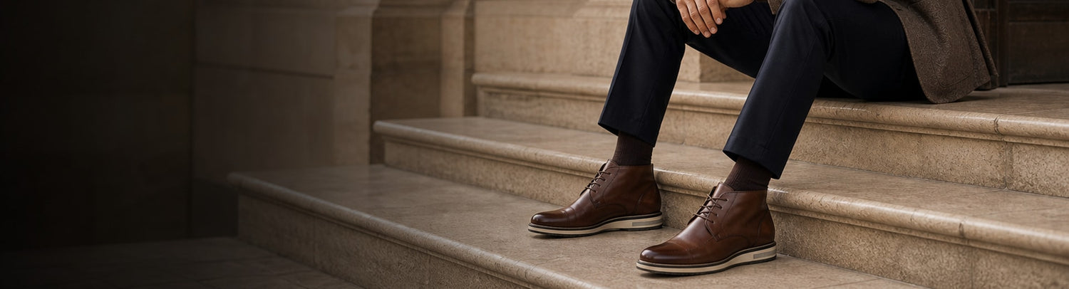 Modelo usando botas masculinas Sandro Moscoloni Nashville em campanha aspiracional