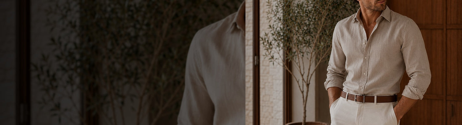 Modelo usando cinto masculino Sandro Moscoloni Preston Whisky em composição premium